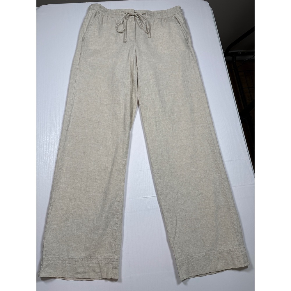 Talbots Linen Blend Wide Leg Drawstring Pants Oatmeal Beige Coastal Beach Size 4